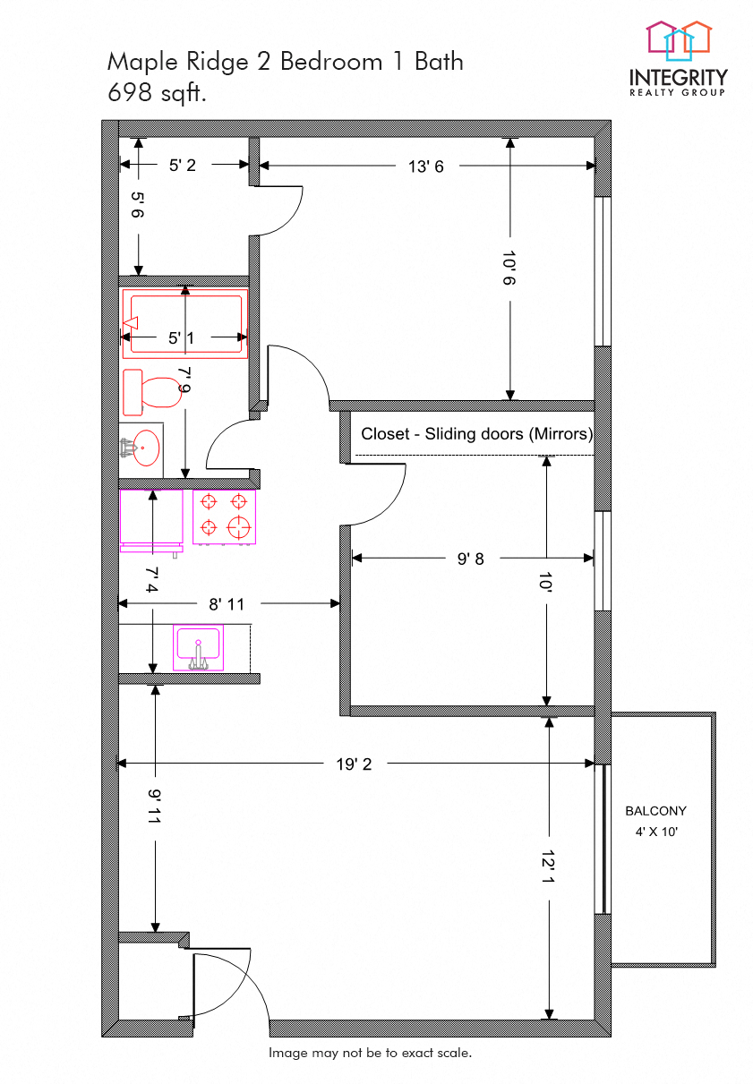 Floor plan for 2 beds, 1 bath, 800 sqft